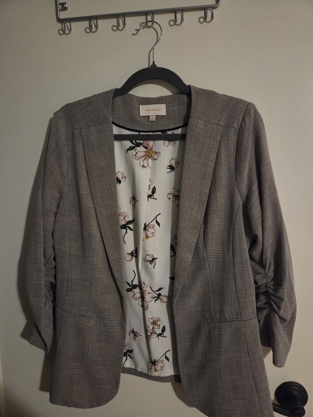 Skies Are Biege Plaid Blazer with Floral Lining